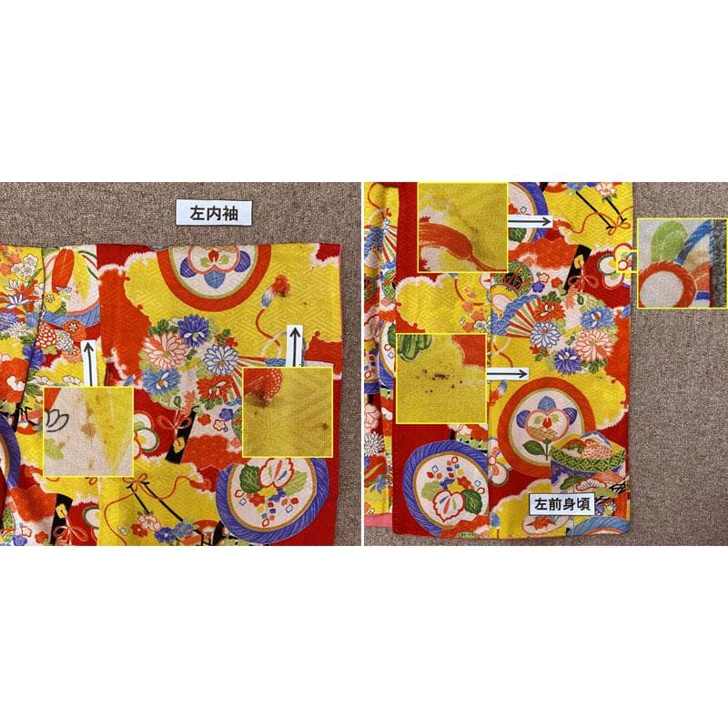 512ag38◎七五三 七歳 女児 アンティーク着物&袋帯&長襦袢 総柄 赤◎