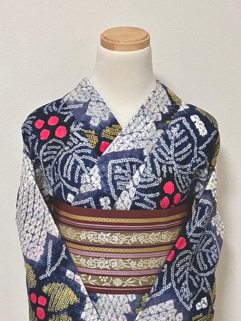 8の日セール　浴衣　有松鳴海絞り　赤い実の植物　裄67cm