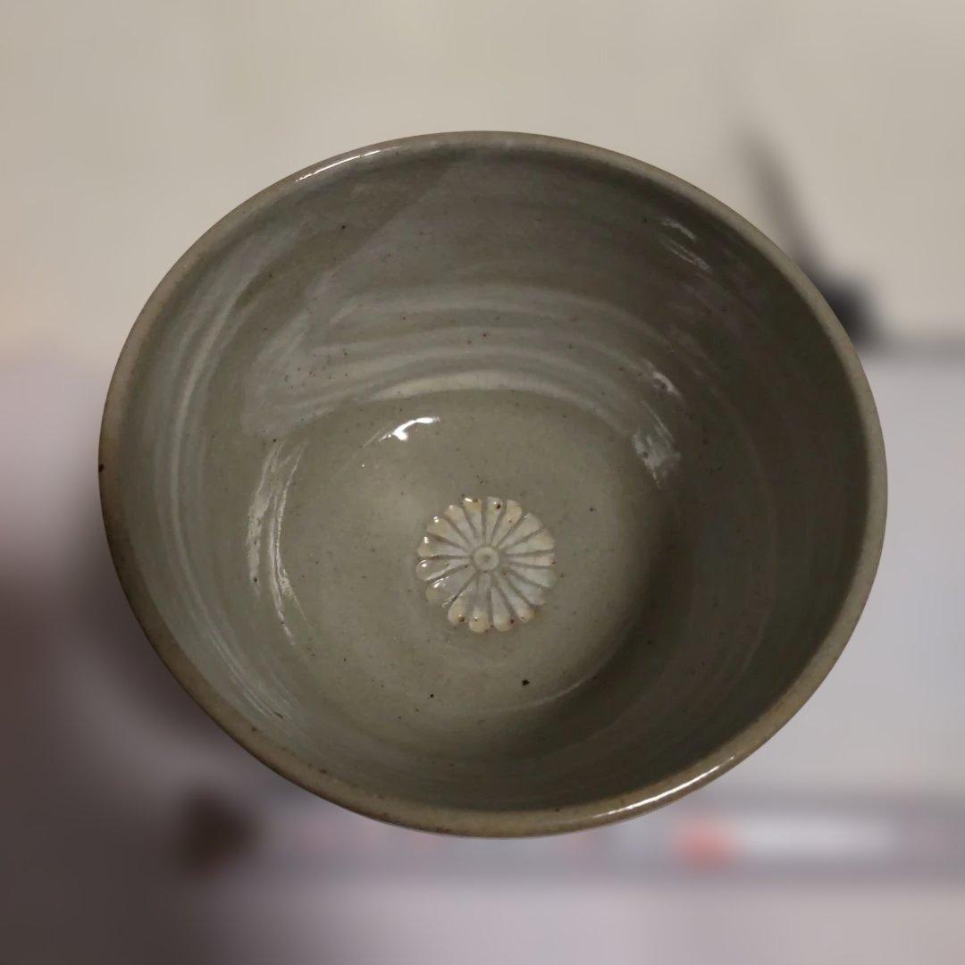 京焼 名工 平安 栄山 作 灰釉 刷毛目菊紋 茶碗 共箱 茶道具 抹茶碗 新品