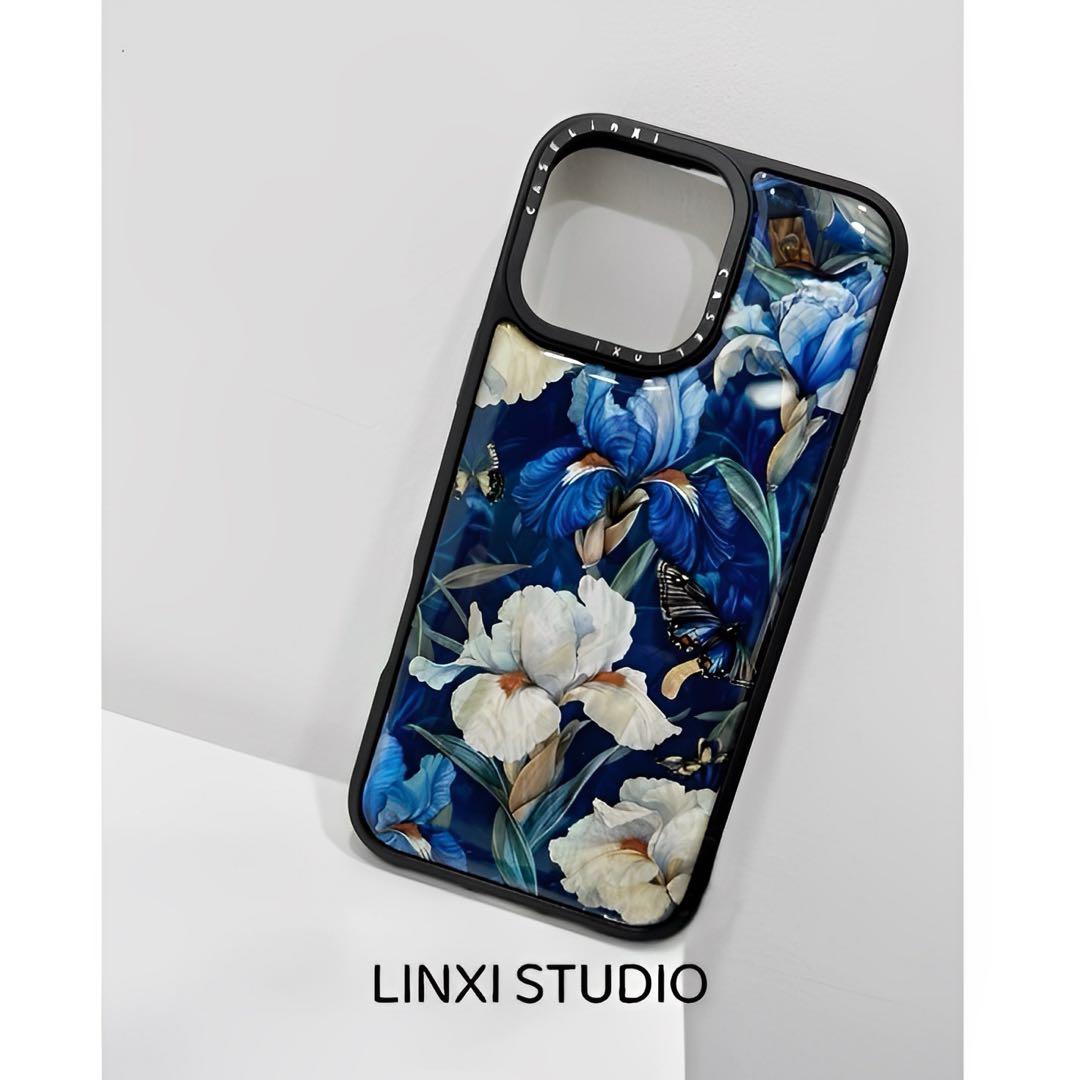 天然シェル♡キラキラ アイリス柄 ブルー オリジナルiPhoneケース フラワー