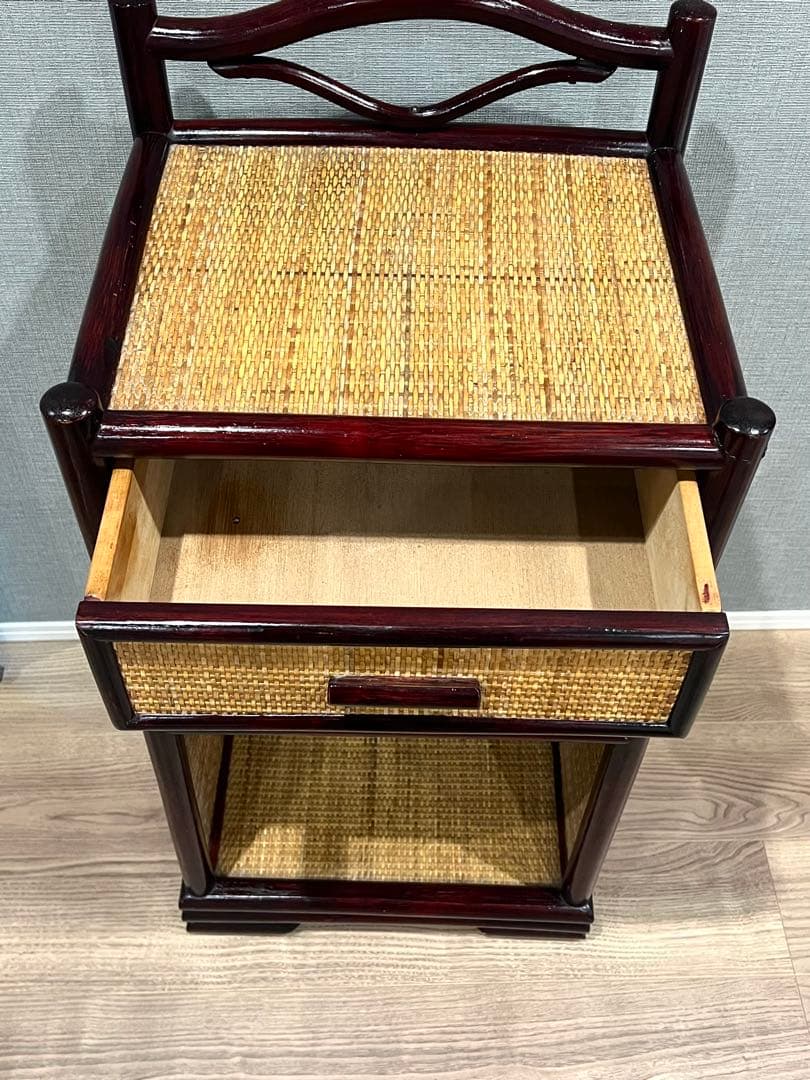 昭和レトロ 籐×木製 電話台 サイドチェスト 引き出し付き 和モダン