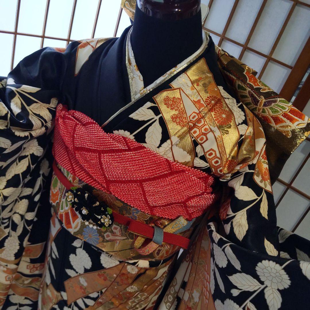 409黒しつけ付　束熨斗　落款　　正絹8点振袖フルセット成人卒業結婚式
