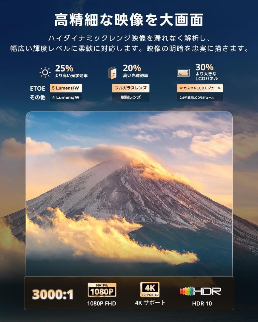 ETOE プロジェクター 天井投影 1080P解像度·4K対応