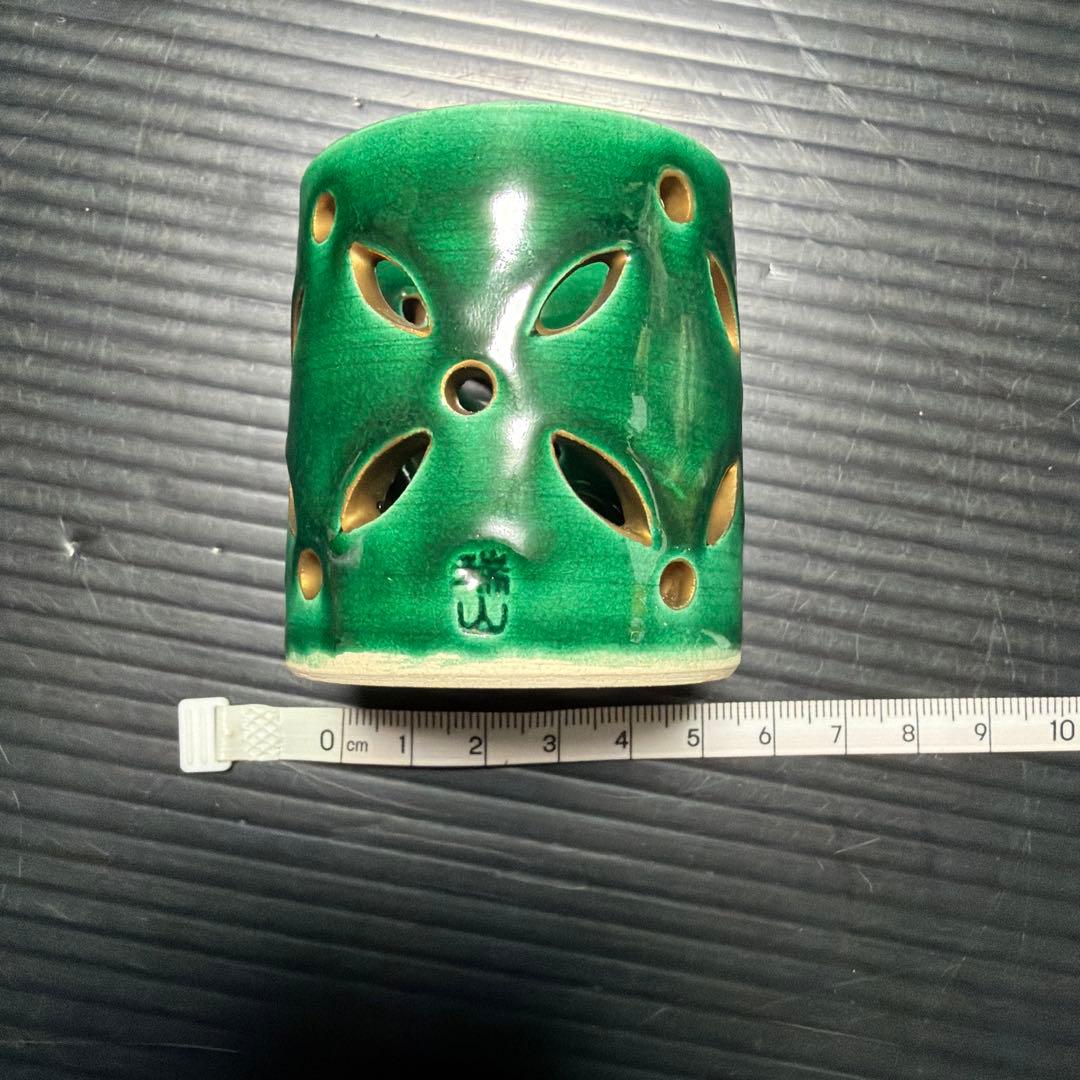 萬古焼 加賀瑞山造 青釉七宝透蓋置 茶道具 透かし彫り緑色陶器セット