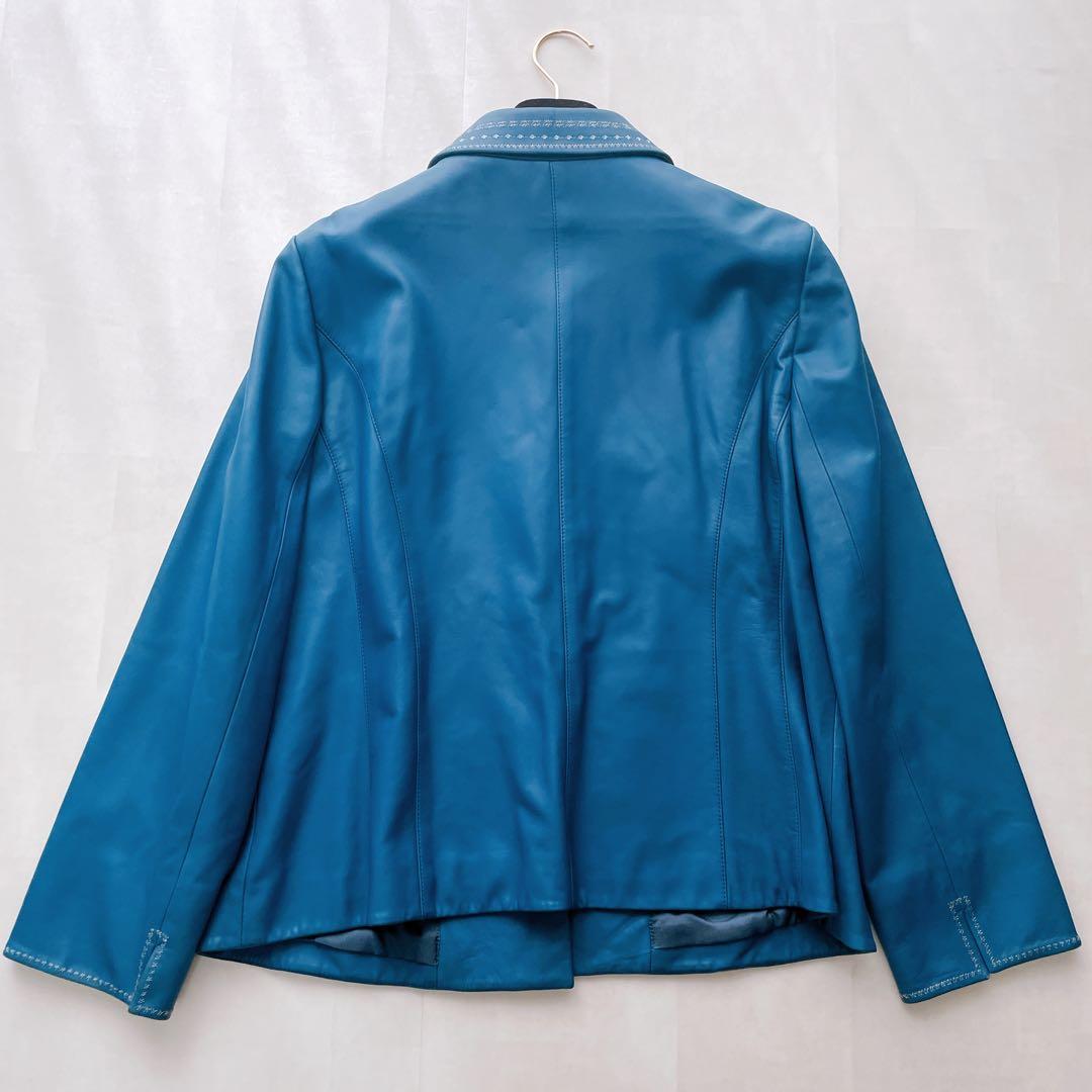 美品✨レリアン 羊革ジャケット 刺繍 13+ 大きいサイズ ブルー系