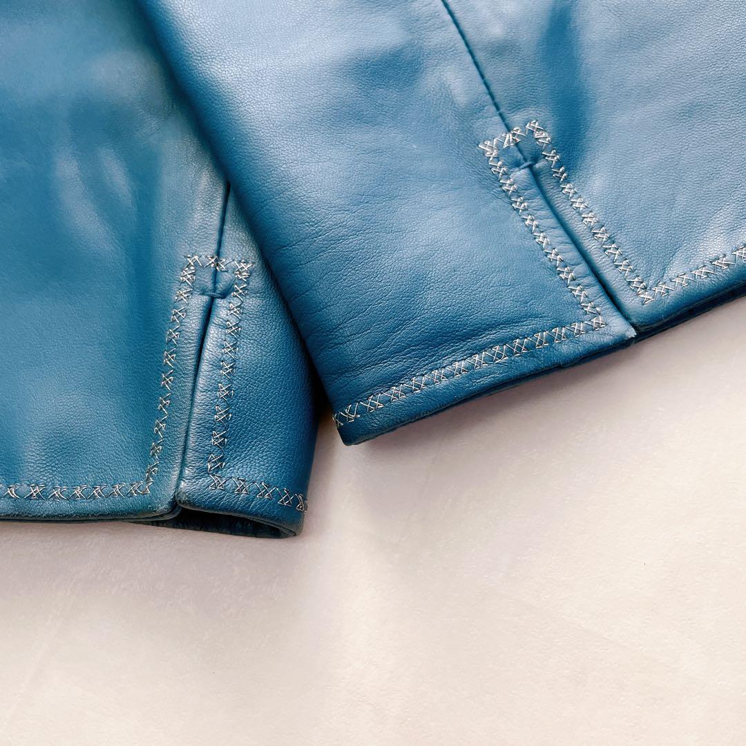 美品✨レリアン 羊革ジャケット 刺繍 13+ 大きいサイズ ブルー系