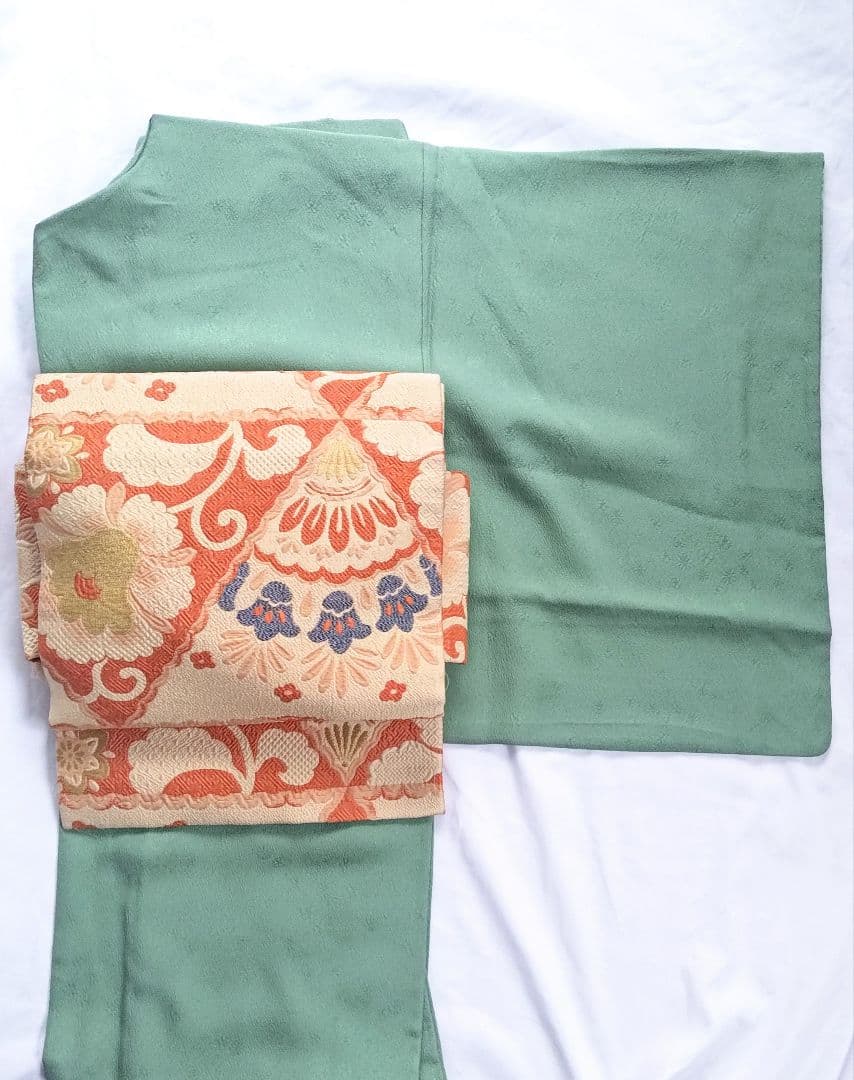 名古屋帯花柄レトロフラワーオレンジ金糸青色女和服ベージュクリーム色正絹着物帯和装