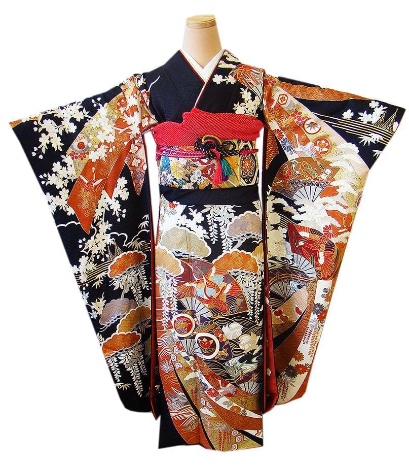 値下げ交渉ＯＫ！ロング寸 紋意匠 黒地 十日町 高級振袖 セット 正絹 Ｂ８６４