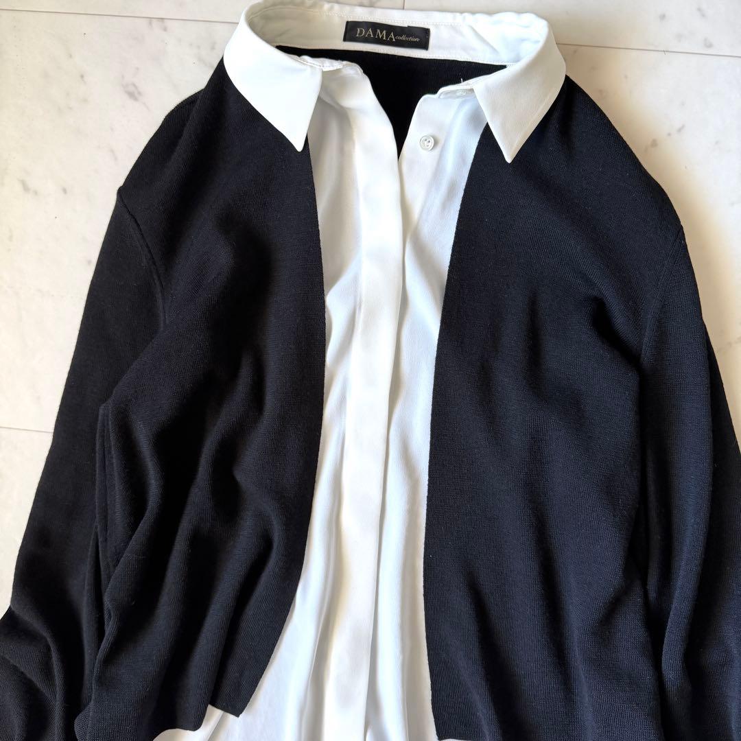 極美品 ダーマコレクション ニットカーディガンドッキングブラウス 黒×白 LL