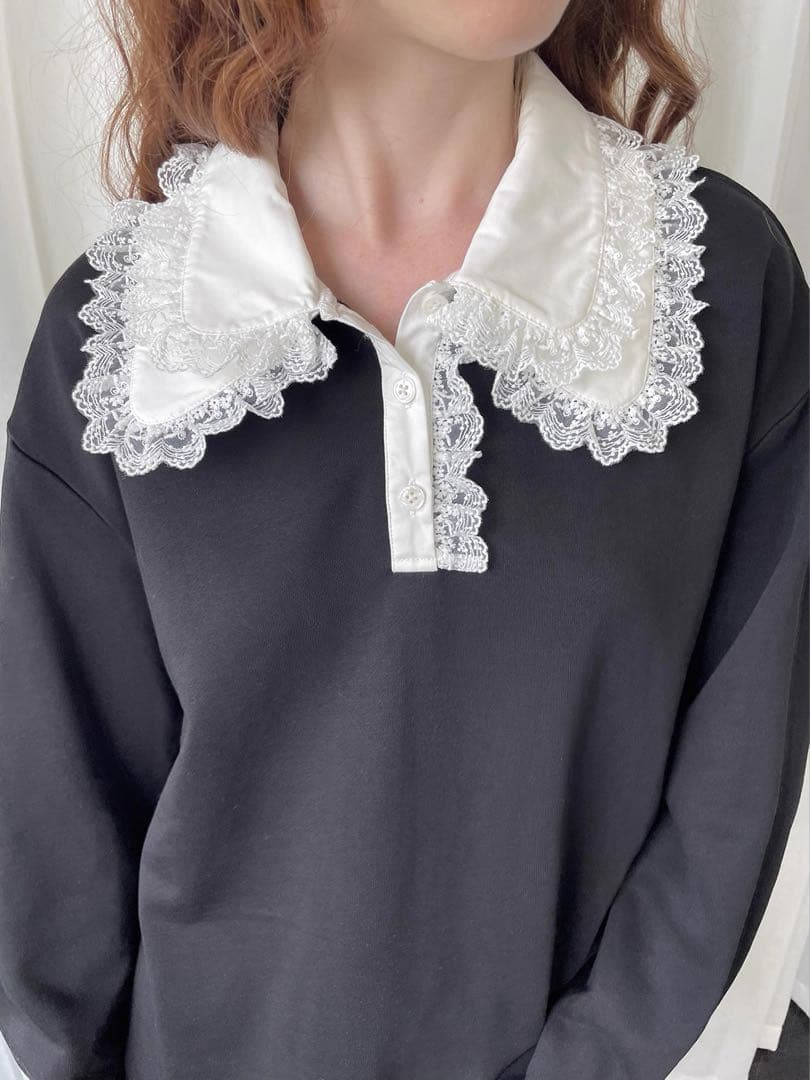 Loosesmell 付け襟 長袖トレーナー ブラック　フリルレース