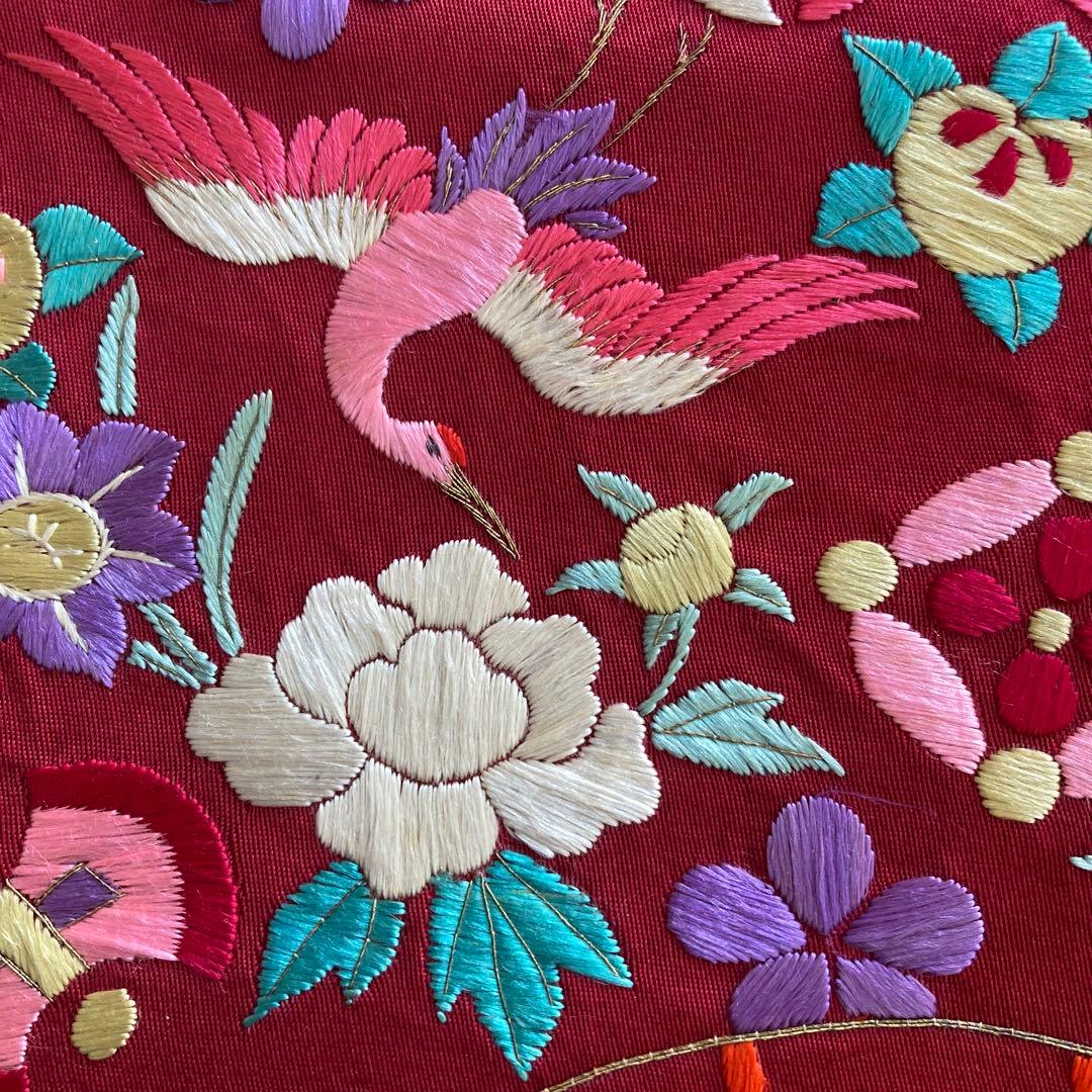 アンティーク名古屋帯　しつけ糸付　刺繍　鳥・宝尽くし・花模様　正絹　No6-24