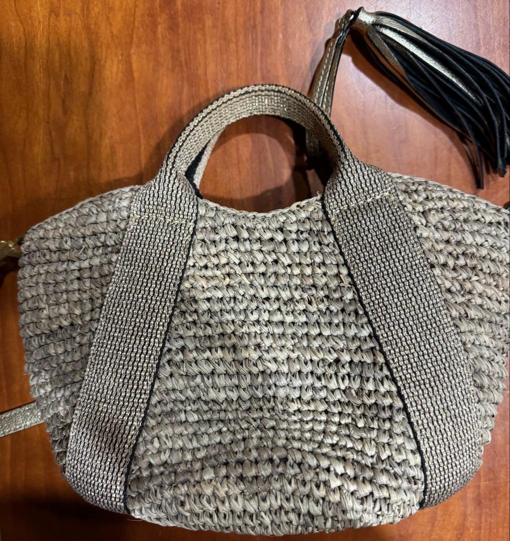 ベージュ かごバッグ フリンジ付き