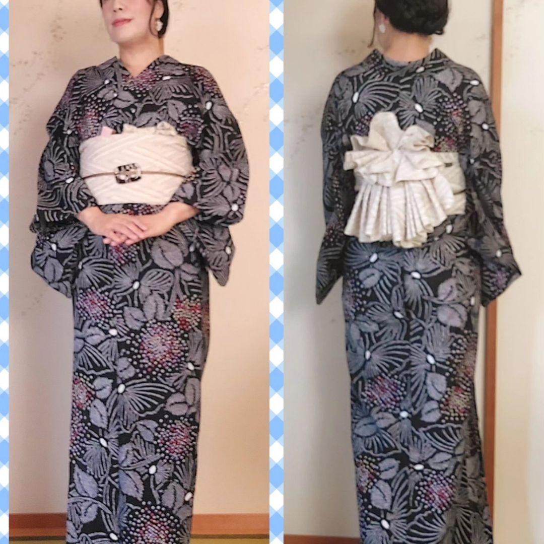 最終価格!!有松絞り浴衣　花火　紫陽花　蝶々　黒地　トールサイズ