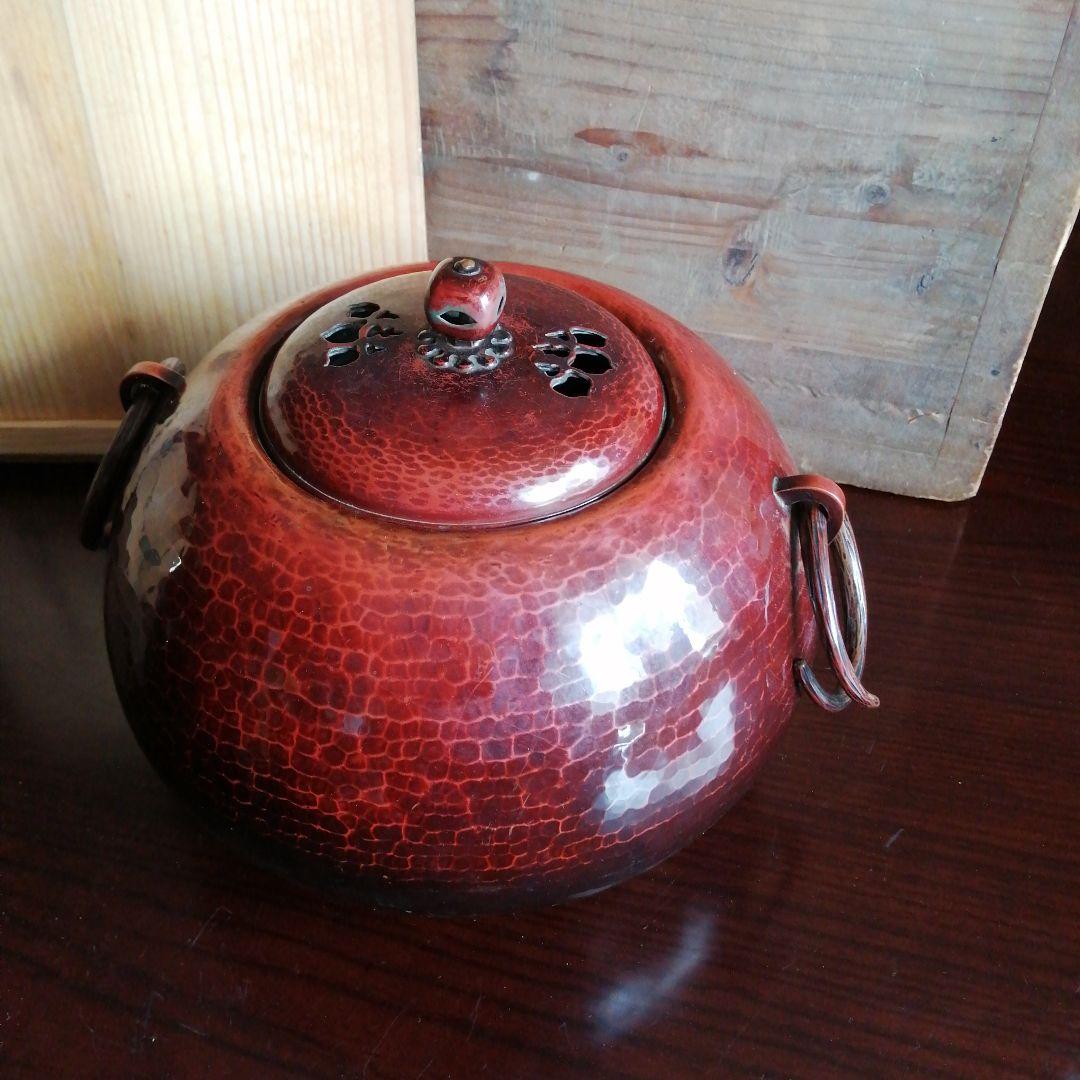 名古屋銅器　一政堂彦市　銅製鎚起赤色釜　22cm