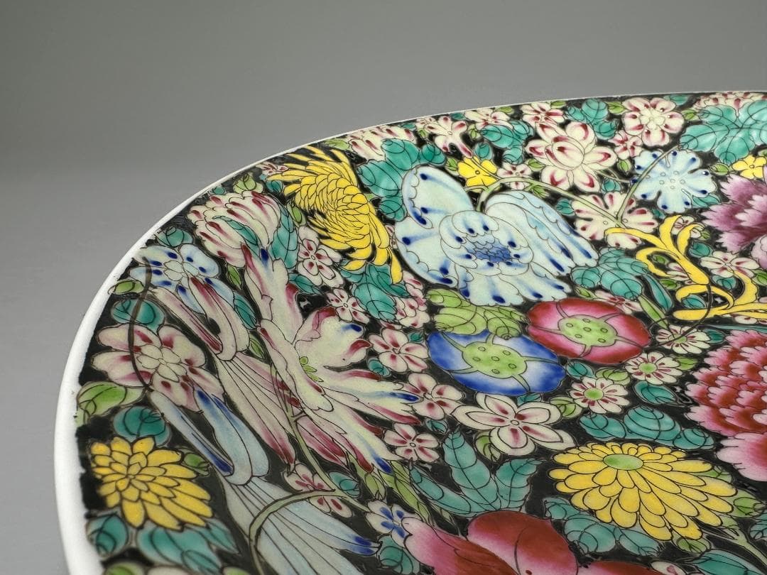 中国美術　景徳鎮製　粉彩百花不落地大盤　粉彩皿　時代　唐物