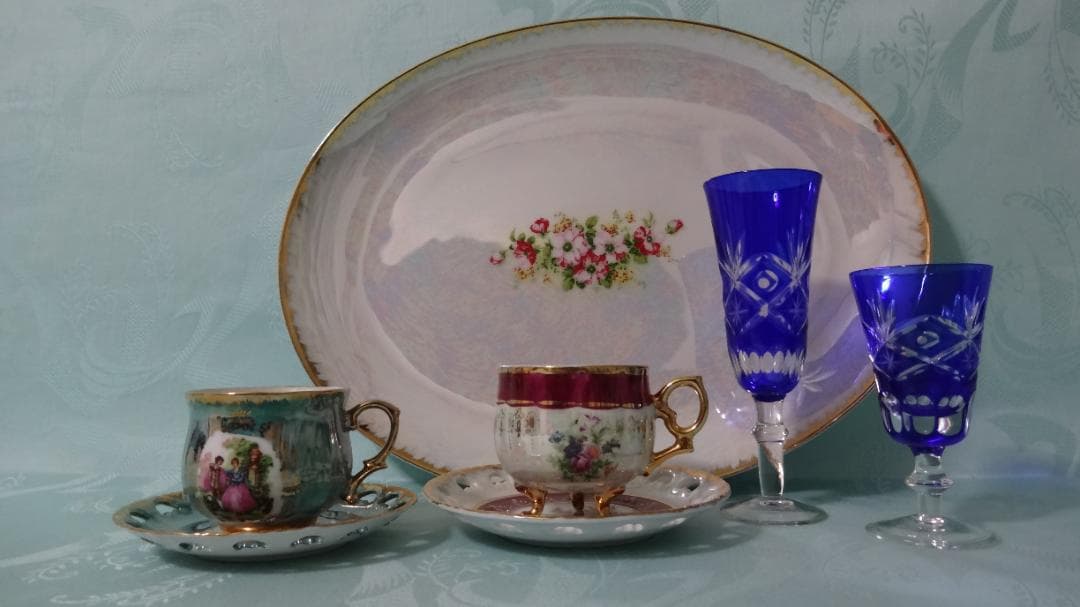 稀少 卵殻手 エッグシェル 古美術品 海外輸出用 虹色 碗皿 大皿 切子 セット