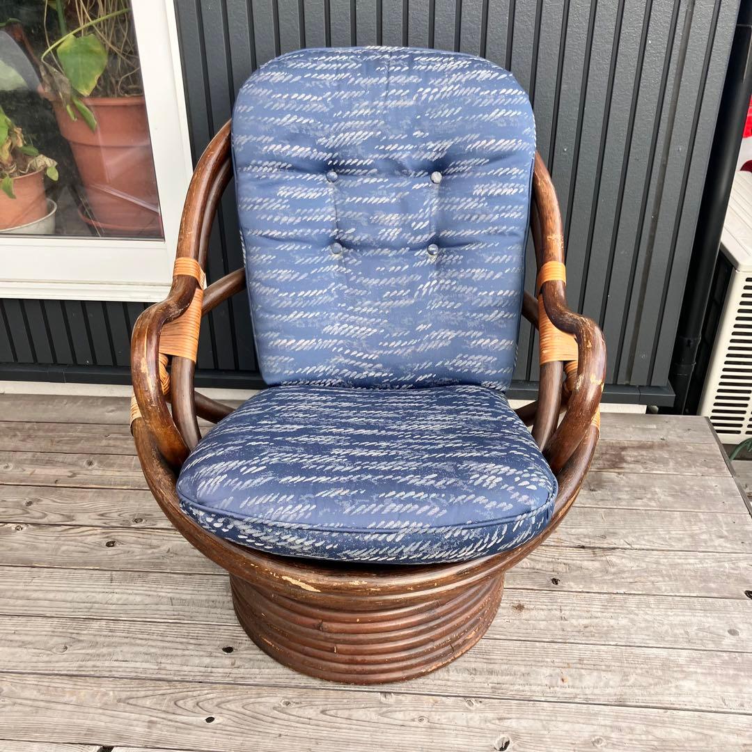 ② 昭和レトロ 回転式ラタンチェア ラウンドソファ エッグチェア アームチェア