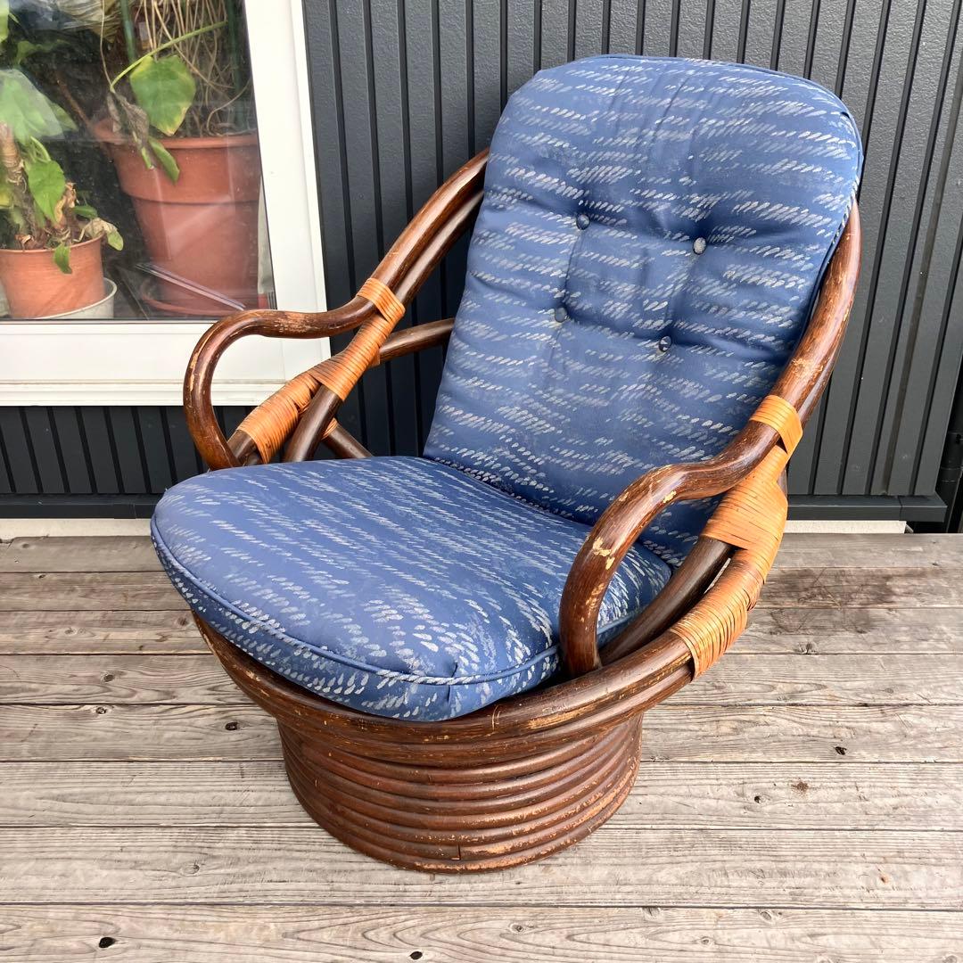 ② 昭和レトロ 回転式ラタンチェア ラウンドソファ エッグチェア アームチェア