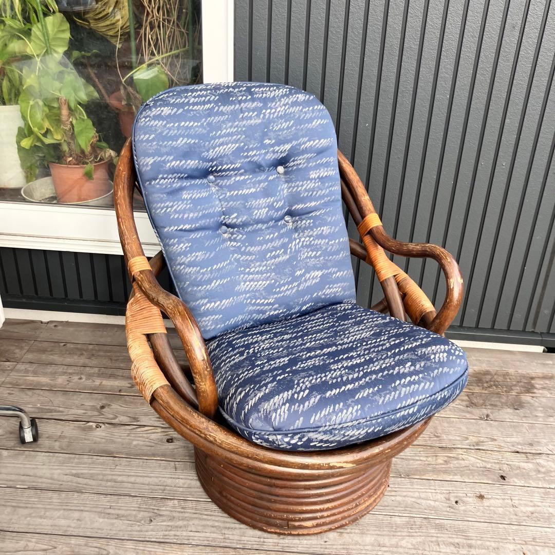 ② 昭和レトロ 回転式ラタンチェア ラウンドソファ エッグチェア アームチェア