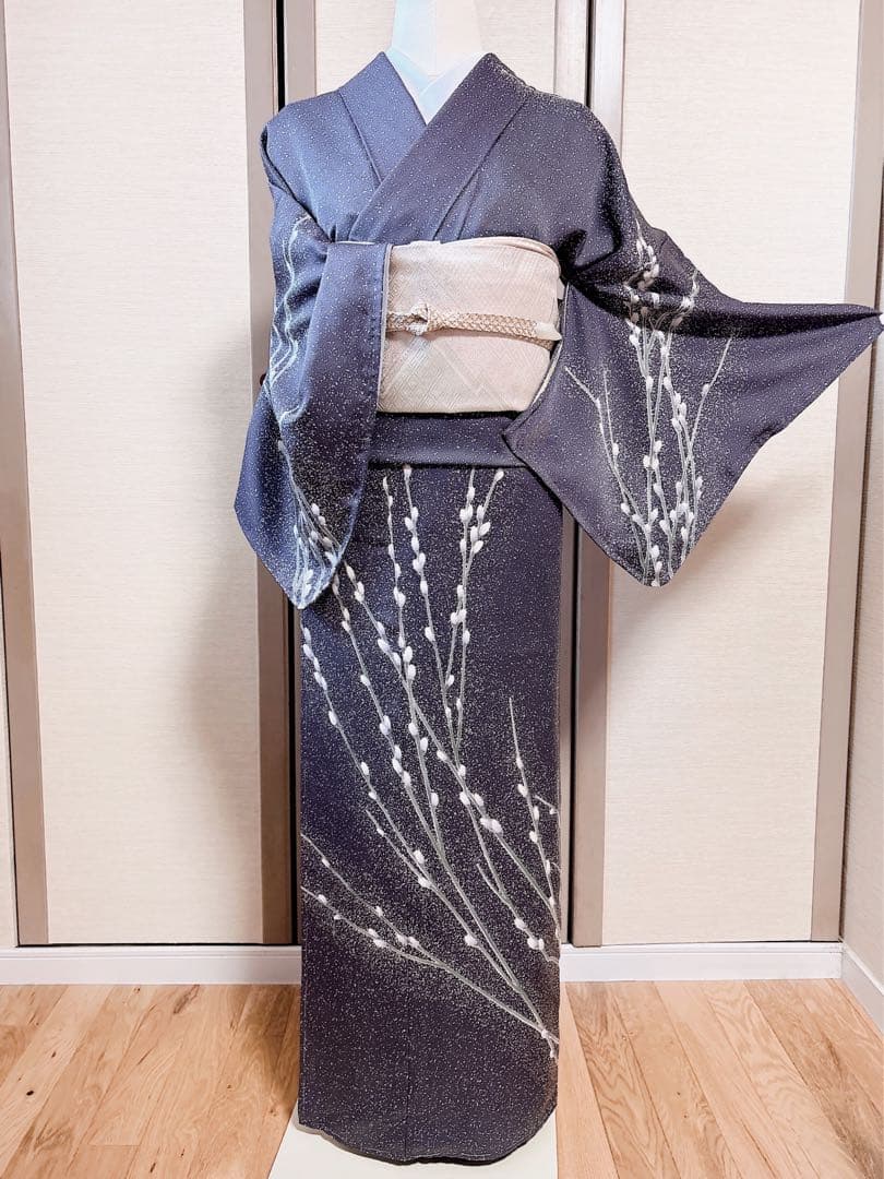 新品　正絹　訪問着　フルセット　加賀友禅　裄65 卒業式　M 青　紺　猫柳