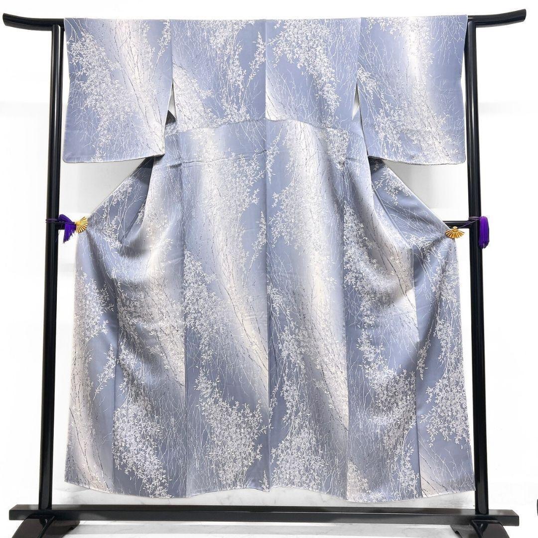 小紋　ぼかし　リーフ模様　木々　くすみブルー　着物　123b p ms