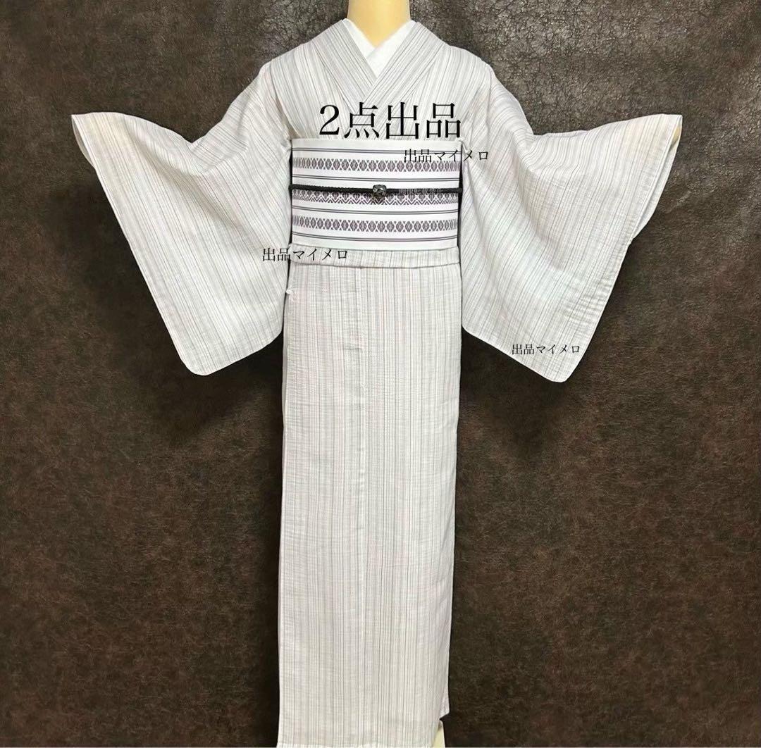 古典しじら織　浴衣　綿　粋な夏着物　縞柄　献上帯 半幅帯白　2点　0820⑨