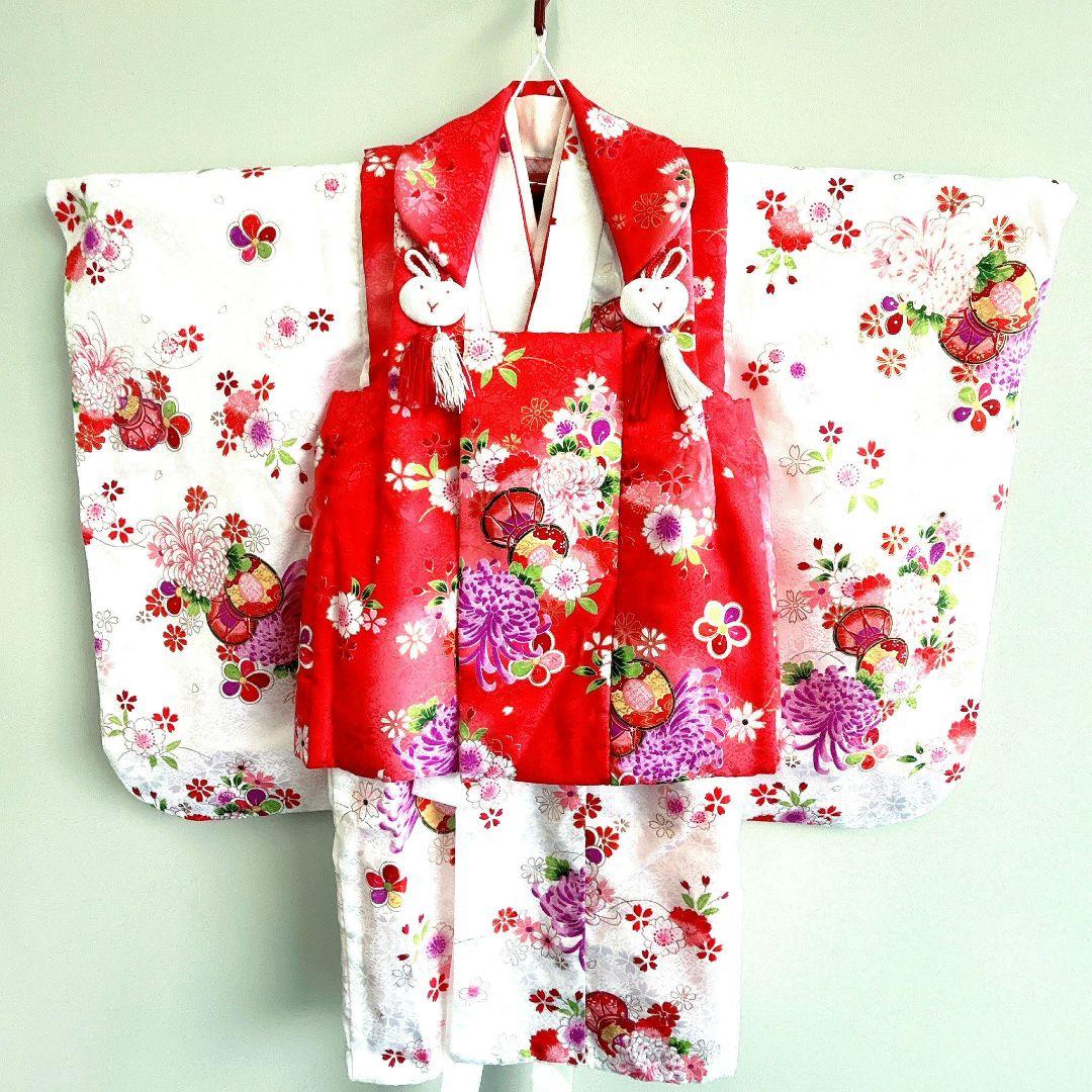 美品　七五三　３歳女の子　長着＆被布＆長襦袢＆小物　白×赤　地紋　桜鼓菊うさぎ