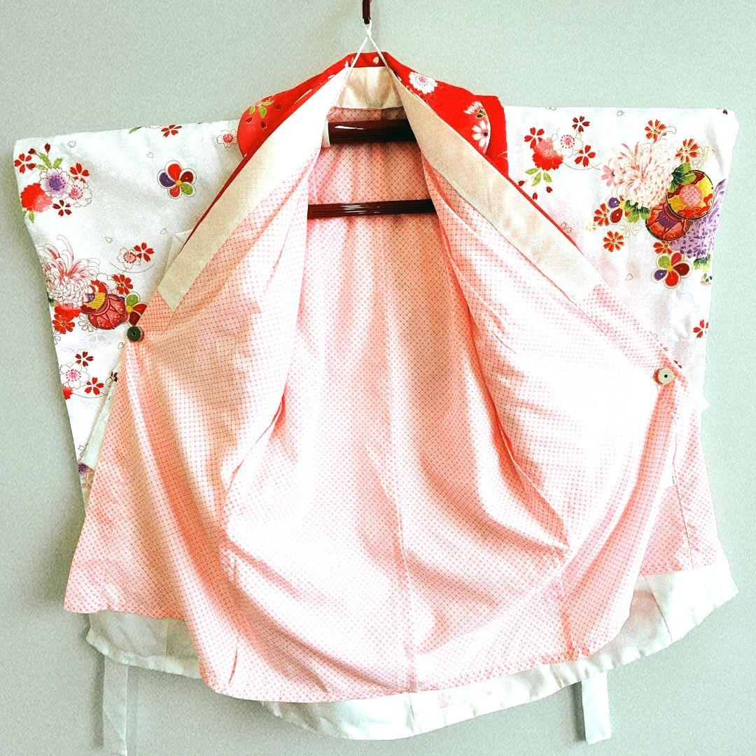 美品　七五三　３歳女の子　長着＆被布＆長襦袢＆小物　白×赤　地紋　桜鼓菊うさぎ