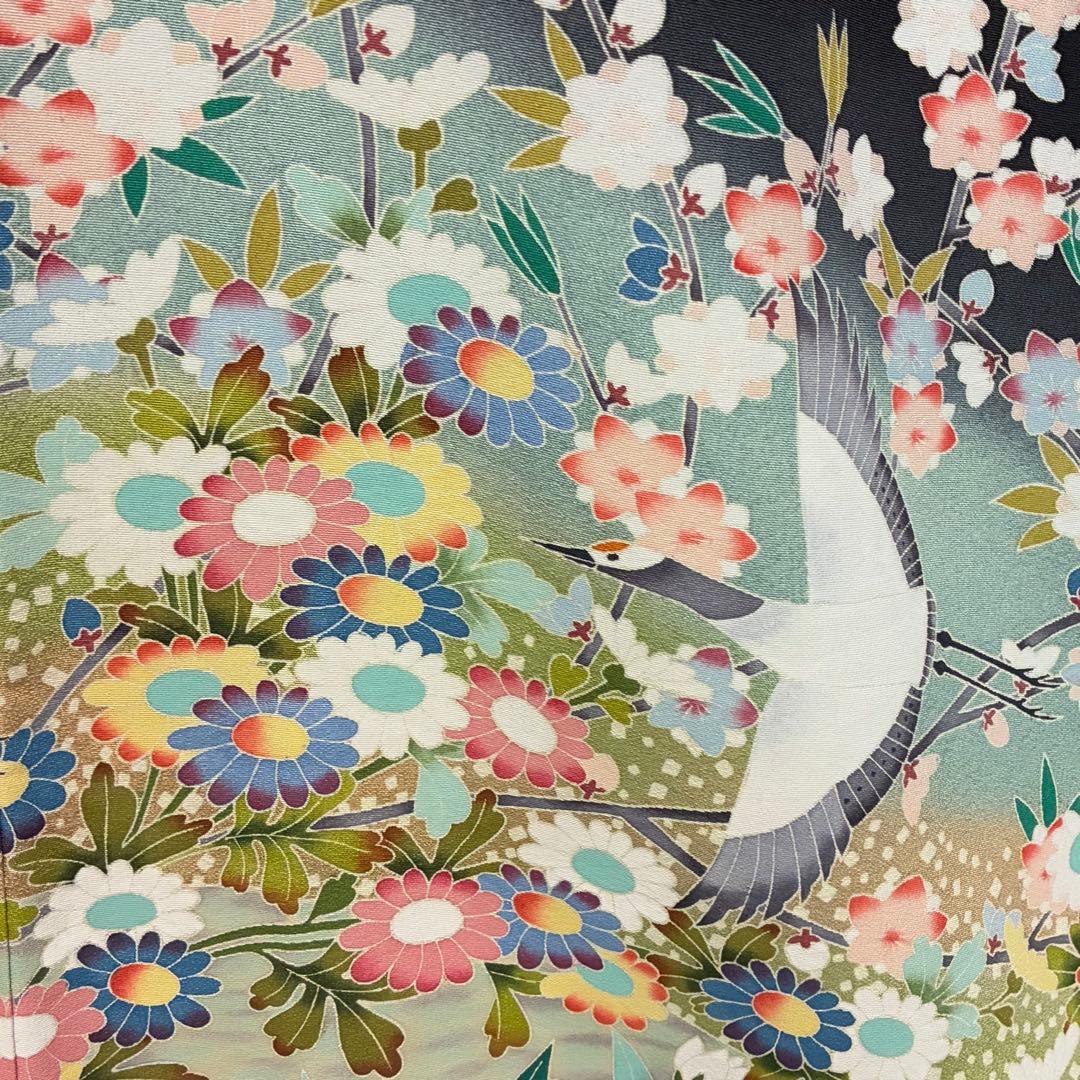 D160 黒留袖　友禅　鶴　花模様　正絹　着物　袷