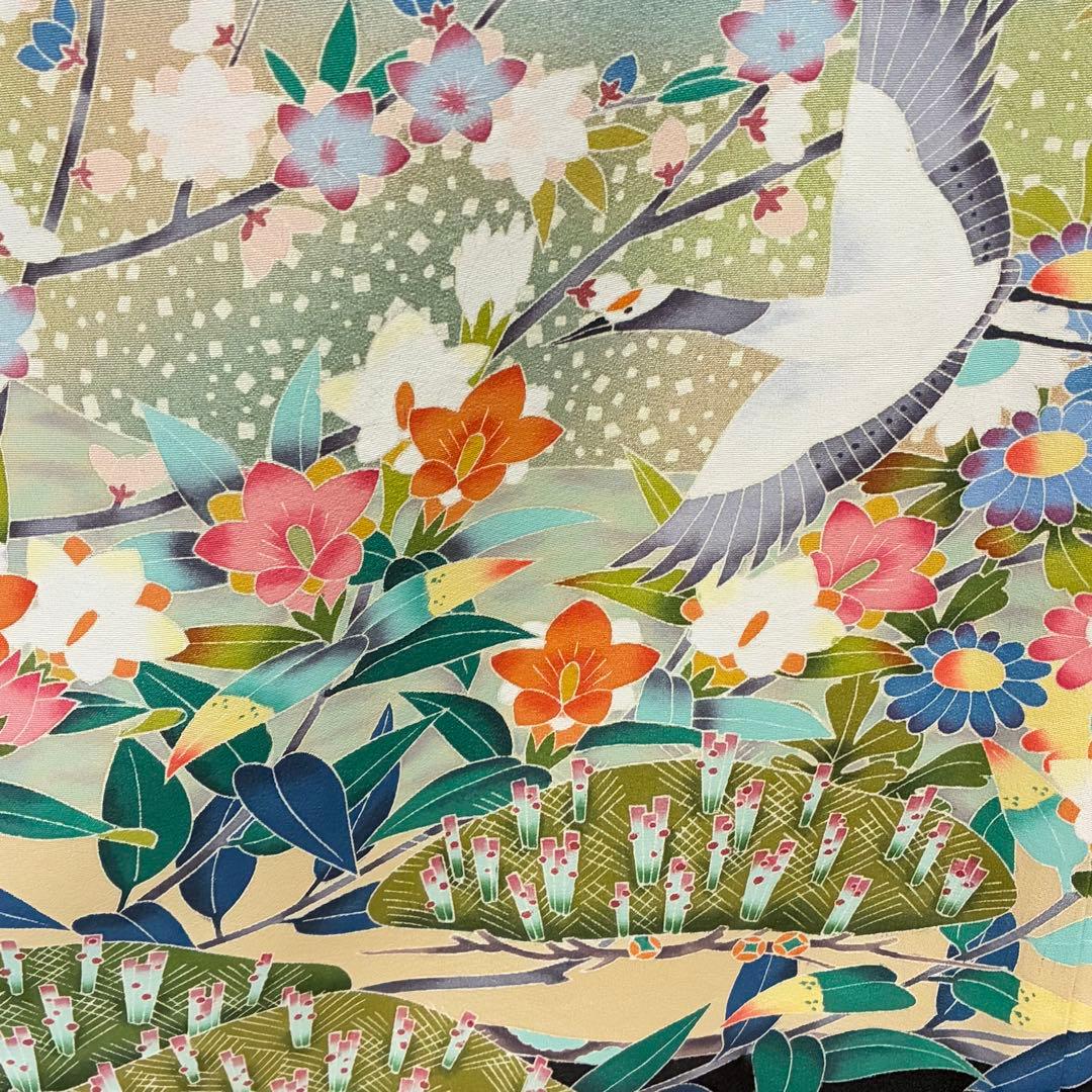 D160 黒留袖　友禅　鶴　花模様　正絹　着物　袷