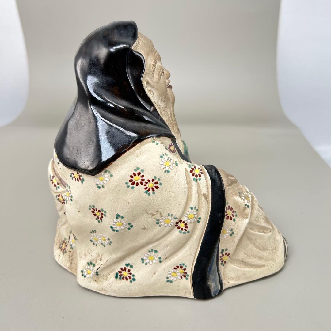 【平安竹泉】作 菊花仙俵着彩八十翁福禄寿 陶像 七福神 縁起物 昭和レトロ 置物