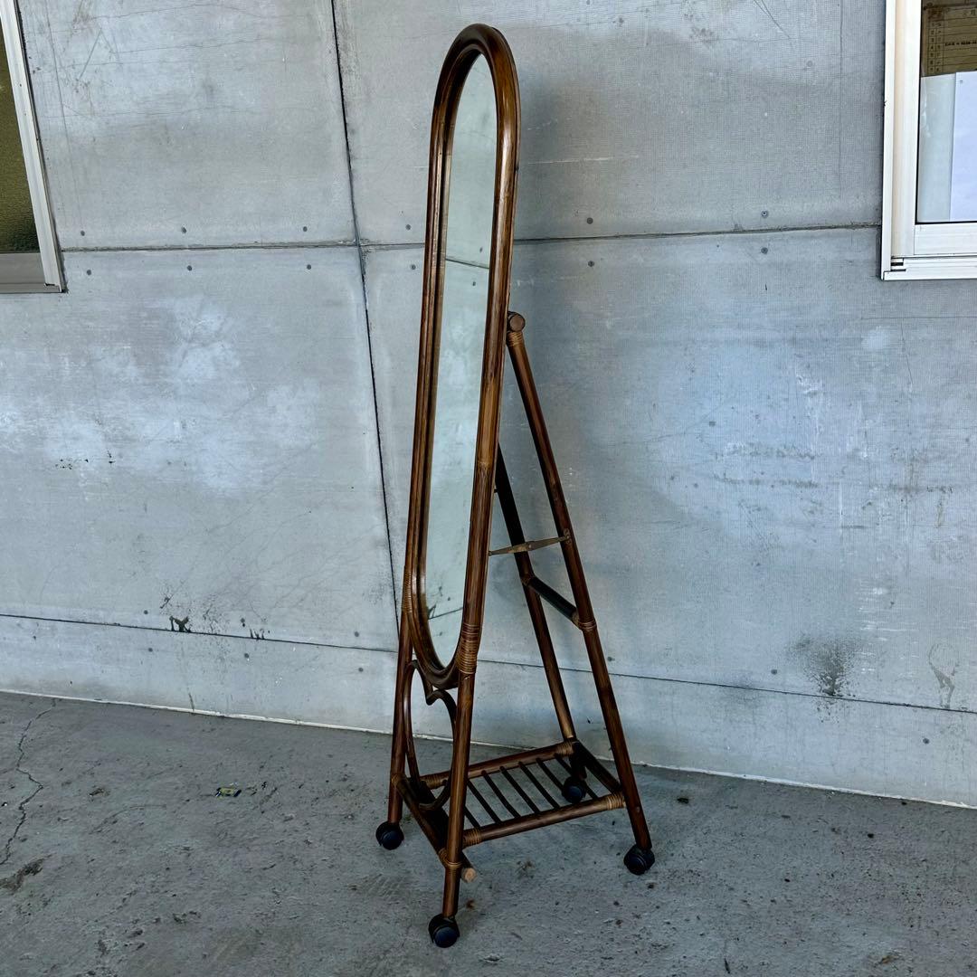 ♦︎昭和レトロ♦︎黒光スタンドミラー 物置格納型大鏡 姿見 等身鏡オールドラタン