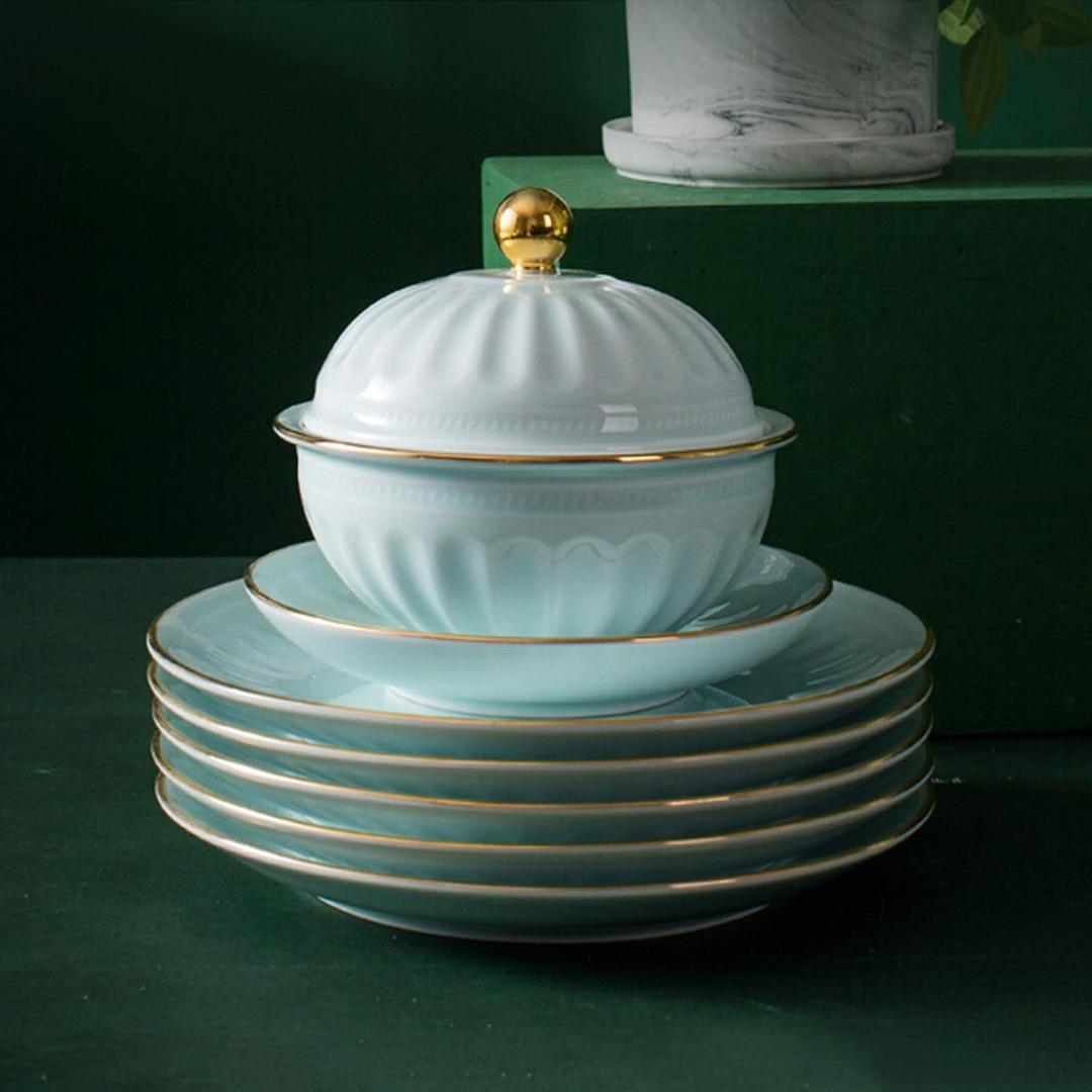 クラシック陶器食器ディナーセット・56ピースギフトボックスレリーフ青磁食器セット