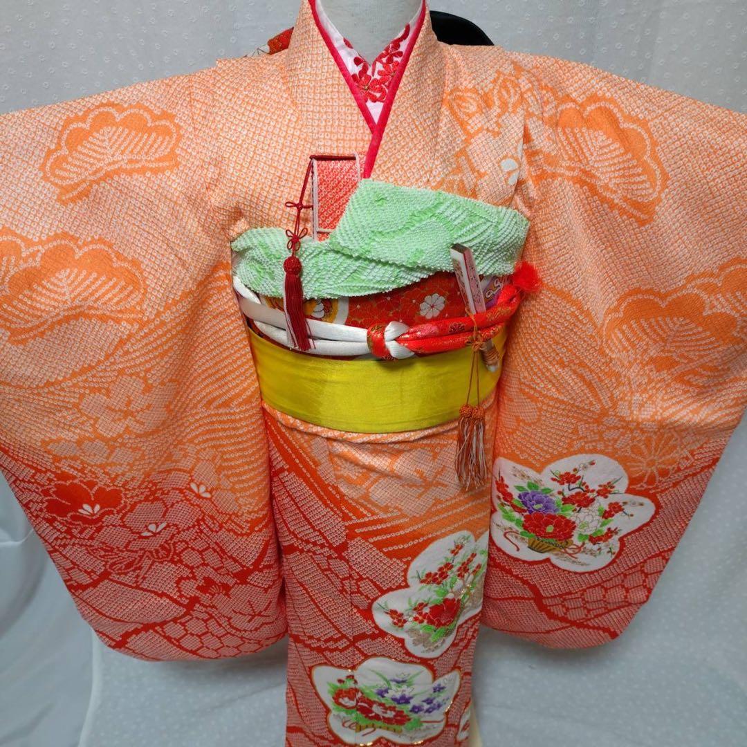 七五三　7歳　着物セット　豪華総絞り風柄　 長襦袢、袋帯、小物セット18ー11