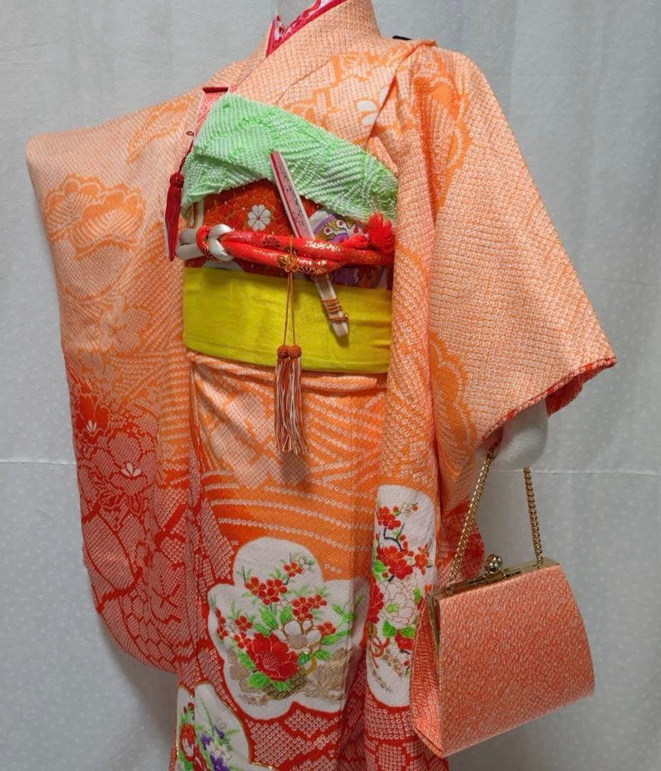 七五三　7歳　着物セット　豪華総絞り風柄　 長襦袢、袋帯、小物セット18ー11