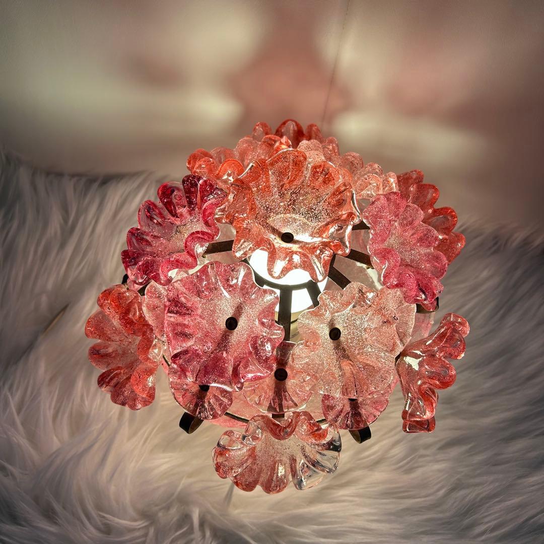 岩田工芸ガラス 照明 ランプ ピンク 花柄 日本製 レトロ　花ガラスアンティーク