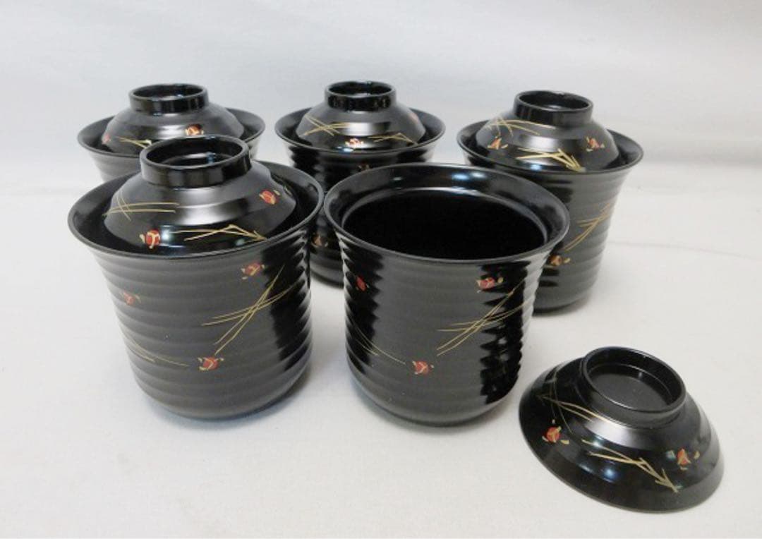 ほぼ未使用 懐石道具 黒塗 金彩蒔絵 箸洗5客揃 小吸物椀 汁椀 共箱