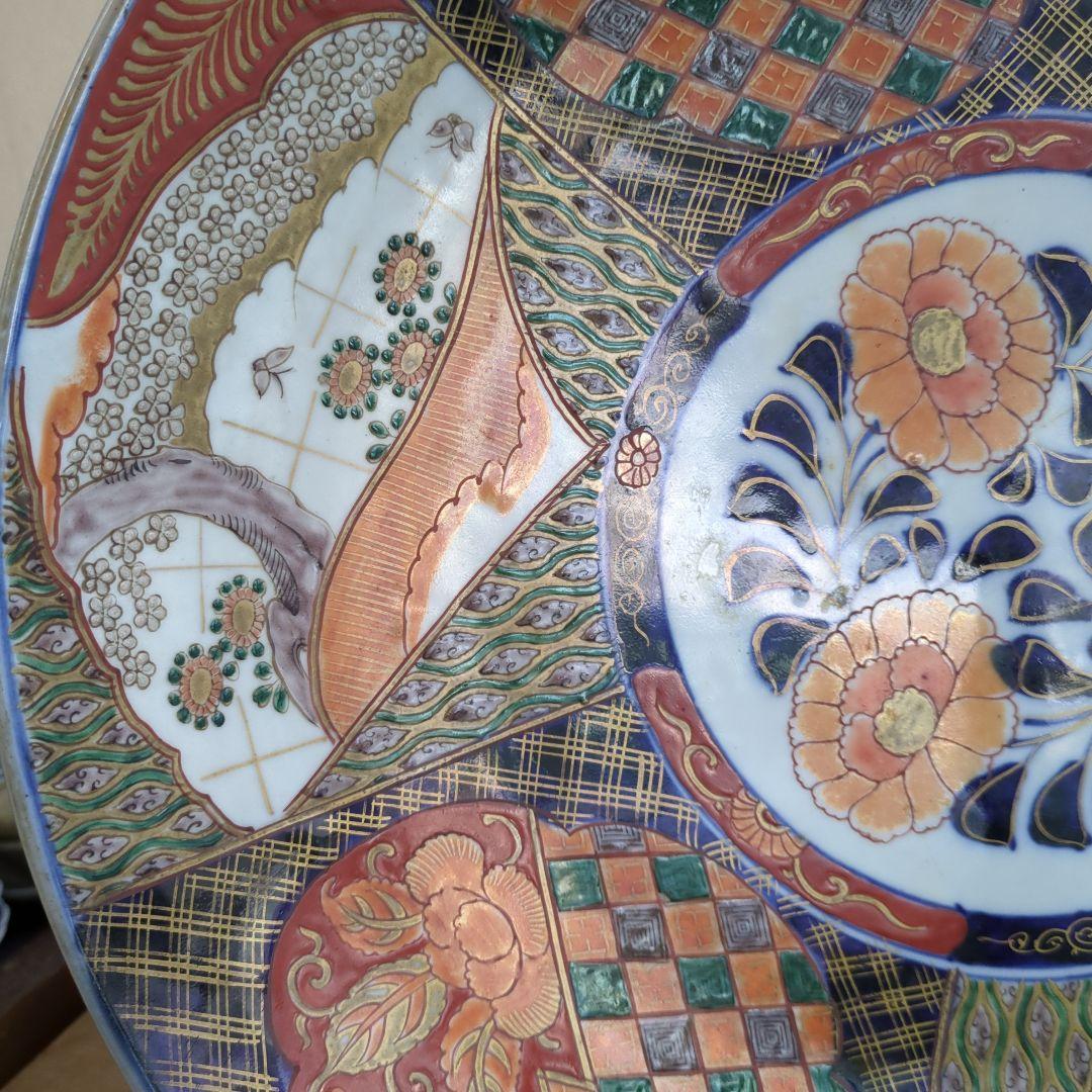 骨董 伊万里 直径45.7cm 大皿 染め錦 飾り皿 盛り皿 明治時代