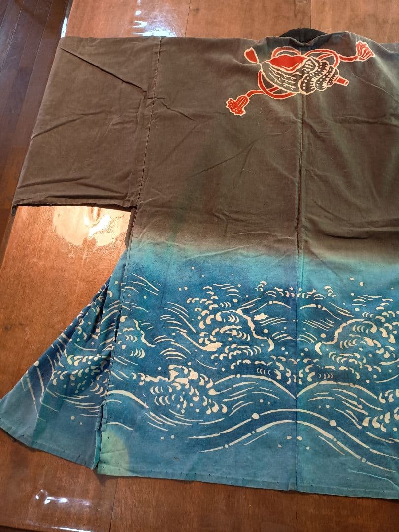 木綿の筒描 はんてん 波に ほら貝 古布