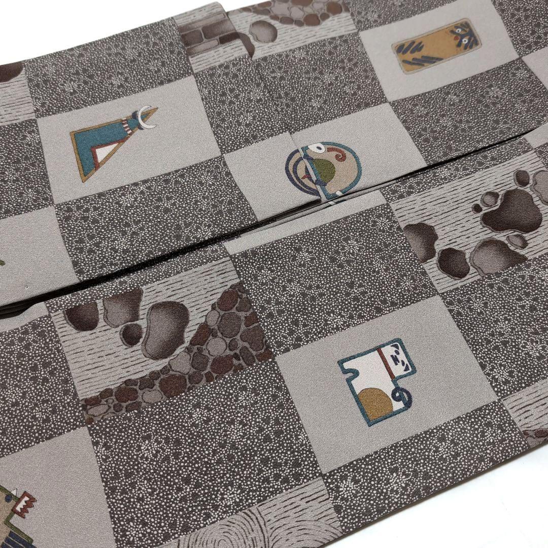 新品 未使用 正絹 9寸 名古屋帯 袋名古屋帯 玩具 干支 花唐草 格子 茶灰系