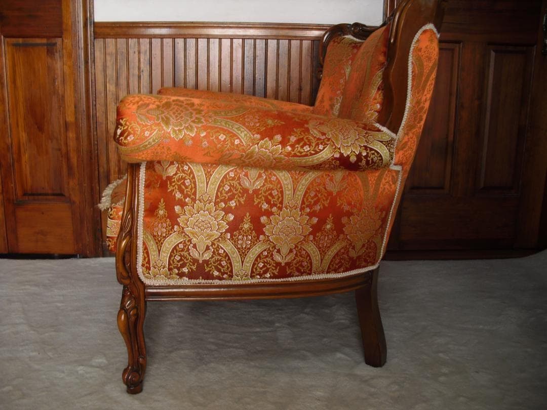 イタリア製 ロココ様式 １Pソファ☆金糸 薔薇 ダマスク柄 張替済み☆猫脚 彫刻