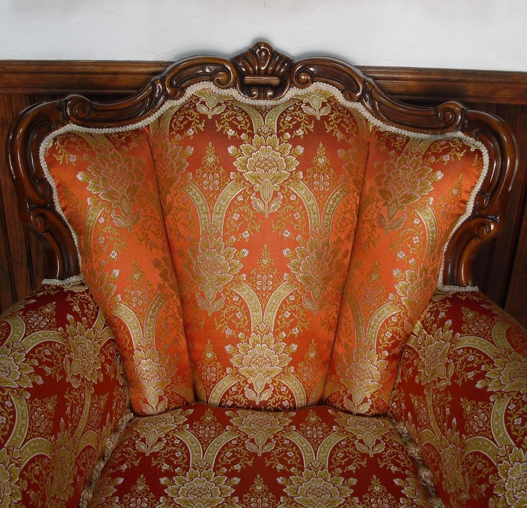 イタリア製 ロココ様式 １Pソファ☆金糸 薔薇 ダマスク柄 張替済み☆猫脚 彫刻