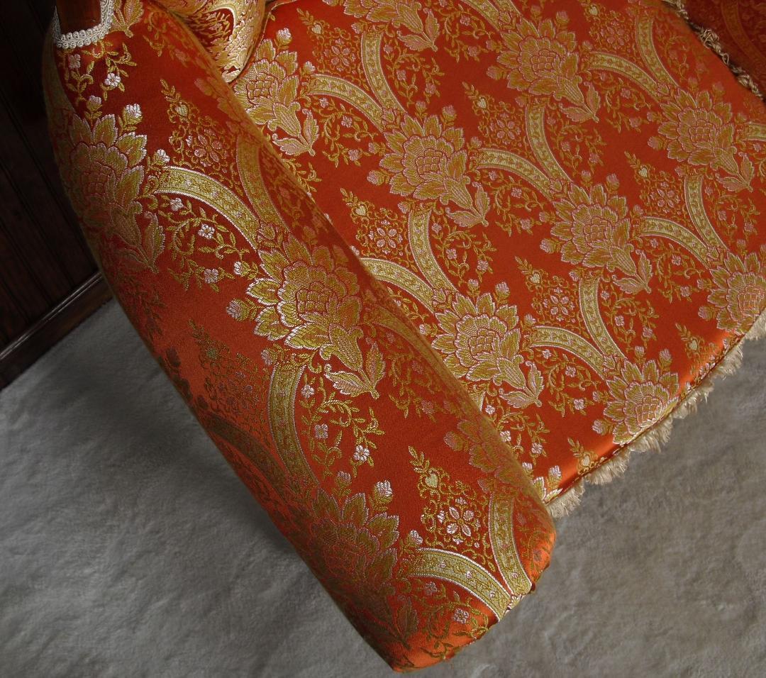 イタリア製 ロココ様式 １Pソファ☆金糸 薔薇 ダマスク柄 張替済み☆猫脚 彫刻