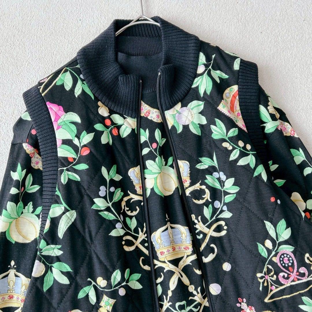 レオナール　アンサンブル　ニット　ウールベスト　キルティング　花柄　黒　M L