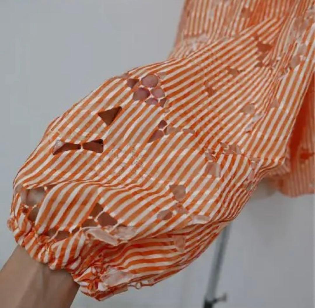 LINKABLE リンカブル　ストライプレースブラウス（オレンジ）