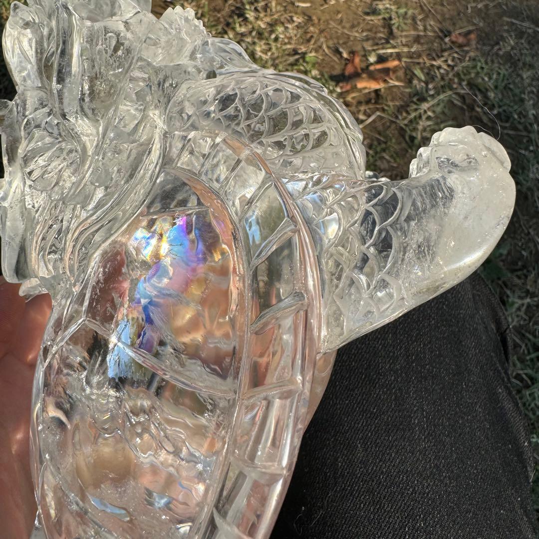 超透明　風水用　ブラジル産天然クリスタル龍亀！！(虹多い)ロングイ　風水 置き