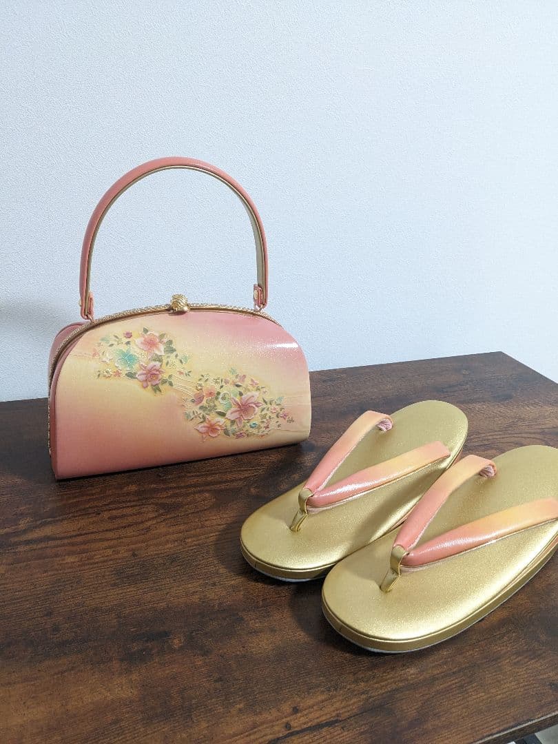 和装用 草履とバッグセット 花柄 パステルカラー ゴールド ピンク 山庄