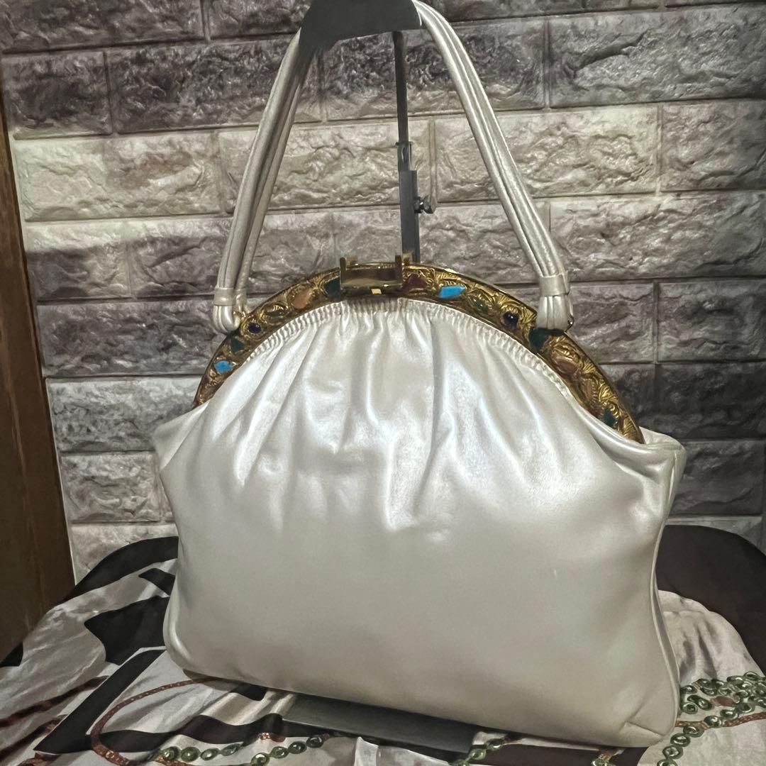 希少☆美品☆本革濱野皮革工藝 HAMANOがま口貴石 サンピエトロ ハンドバッグ