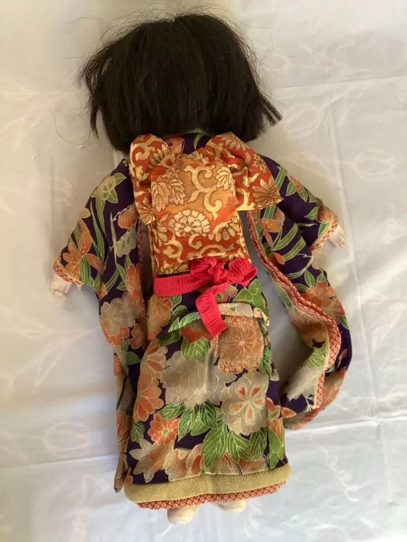ヴィンテージ市松人形 徳光斎　約40cm 花柄着物　吹子付き　人毛　ガラス眼