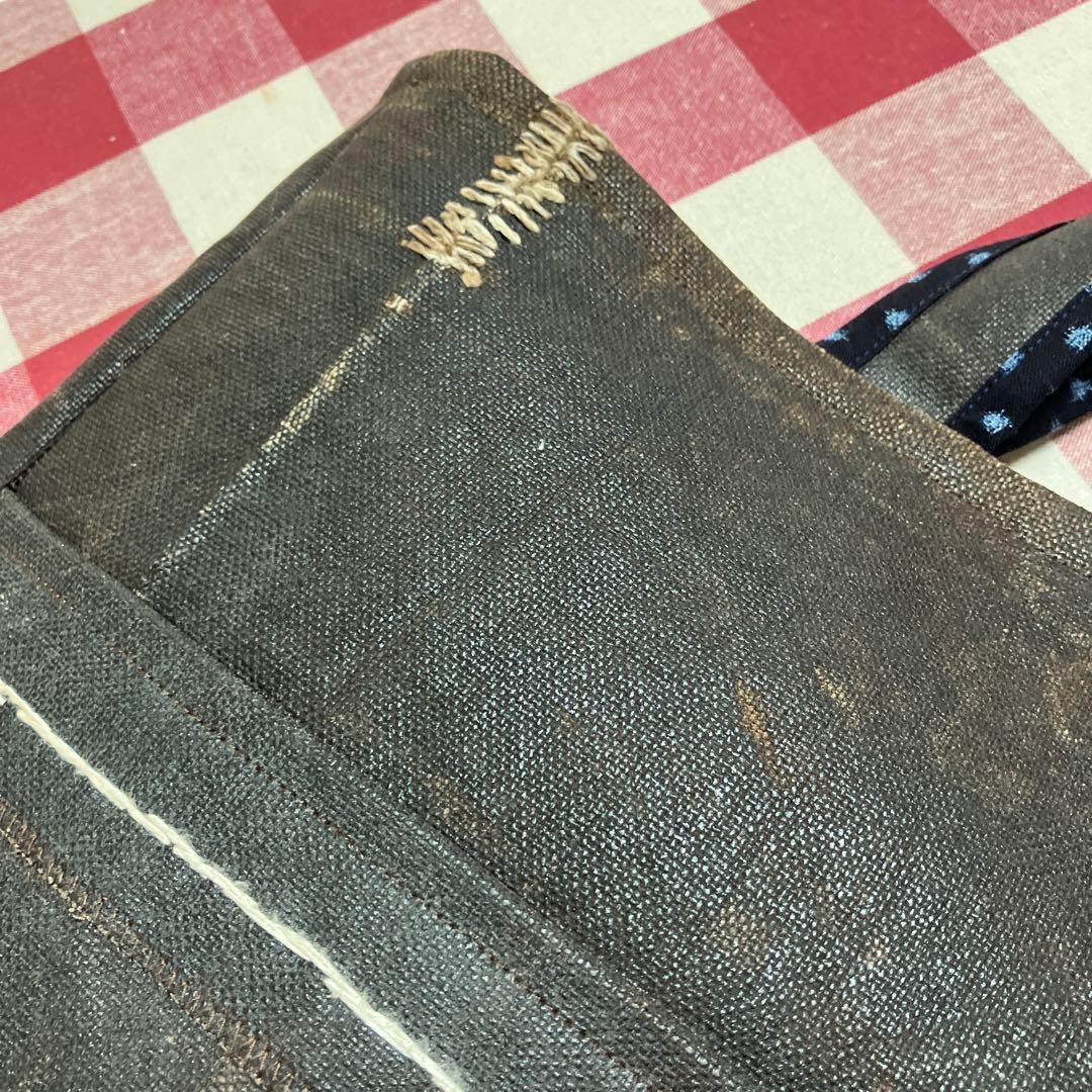 酒袋柿渋染め古布藍染め雪ん子絣格子木綿パッチワークトートバッグ 刺し子男女兼用